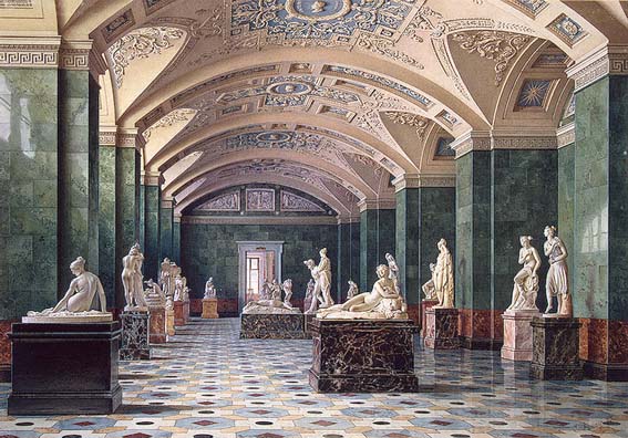 Luigi Premazzi,
Première salle de la sculpture moderne, 1856.
Aquarelle, H. 29,8 cm., L. 42,3 cm.
Musée de l'Ermitage, Saint-Pétersbourg.
