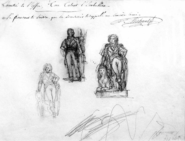 James Pradier (attribué à),
croquis préparatoires pour une statue de Kléber (?).
Mine de plomb et encre, H. 20 cm., L. 26.5 cm.
Coll. particulière.
